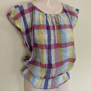 TOMMY HILFIGER colourful plaid peasant blouse top women's large